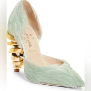 Keeyahri Jenine Fairytale Pointed Toe d’Orsay Pump Mint Green Feather Gold Heel